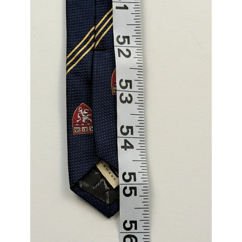 M. La Hart VTG Navy Blue Silk Harvard Striped Necktie Crest Pattern Made In USA